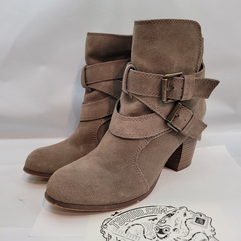Target Ankle Boots Womens 10 Taupe Suede Double Buckle Block Heel Moto Round Toe